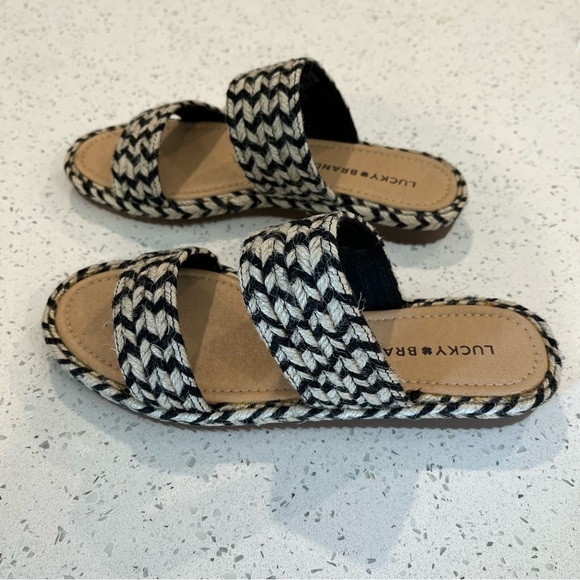 NIB Lucky Brand Size 7 Black Decime Slide Sandals Two Tone Braiding Flat - Picture 3 of 6